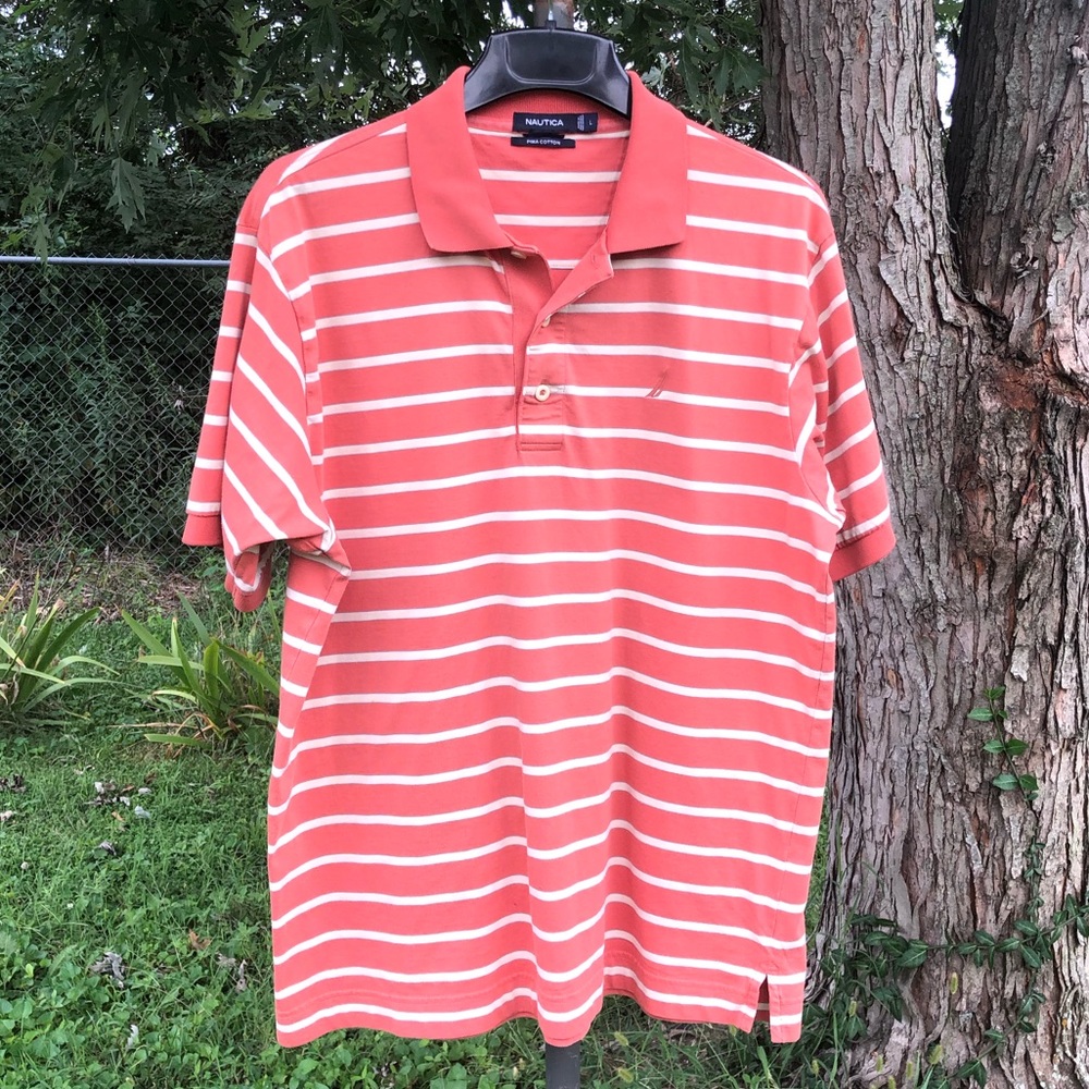 Nautica Orange Striped Polo Pima Cotton